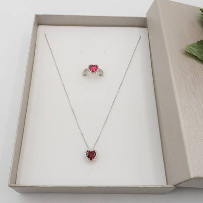 DIANA -"Conjunto ROJO"- collar de corazón + pendientes y anillo de corazón
