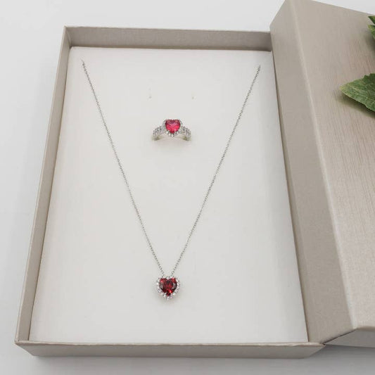 DIANA -"Conjunto ROJO"- collar de corazón + pendientes y anillo de corazón